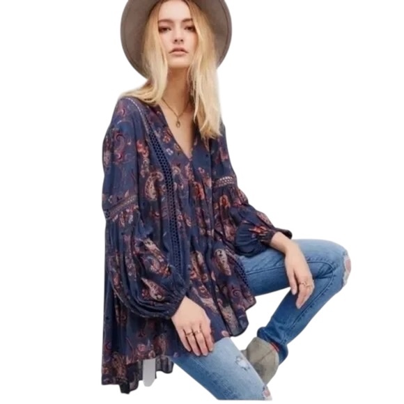 Free People Just The Two Of Us Blue Floral Boho Tunic Top Small - Picture 1 of 8